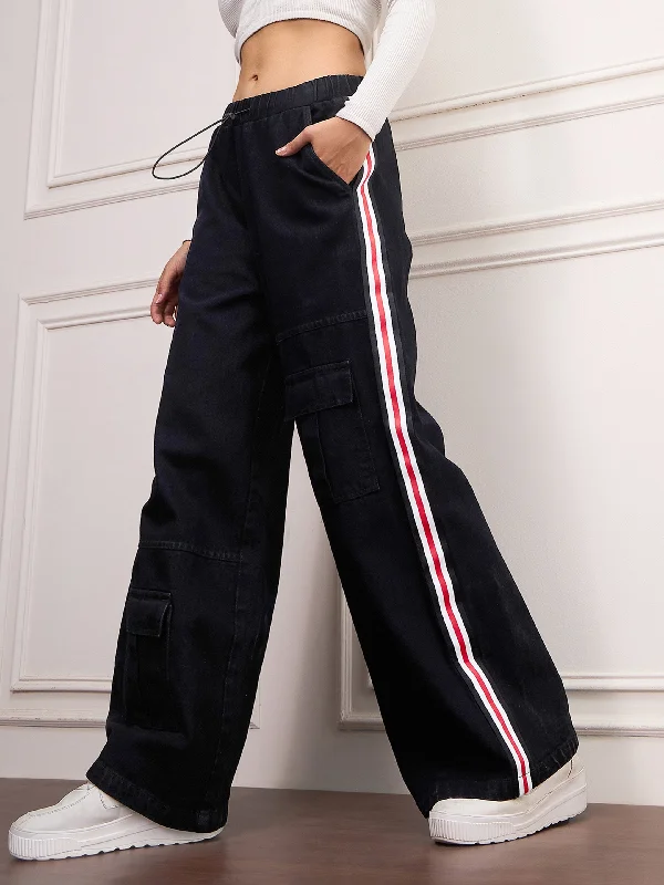 Women Black Denim Side Tape Cargo Jeans Streetwear Style for 