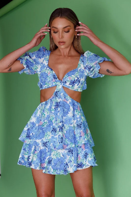 Orianthi Cut-Out Waist Mini Dress Floral Blue Sustainable Organic