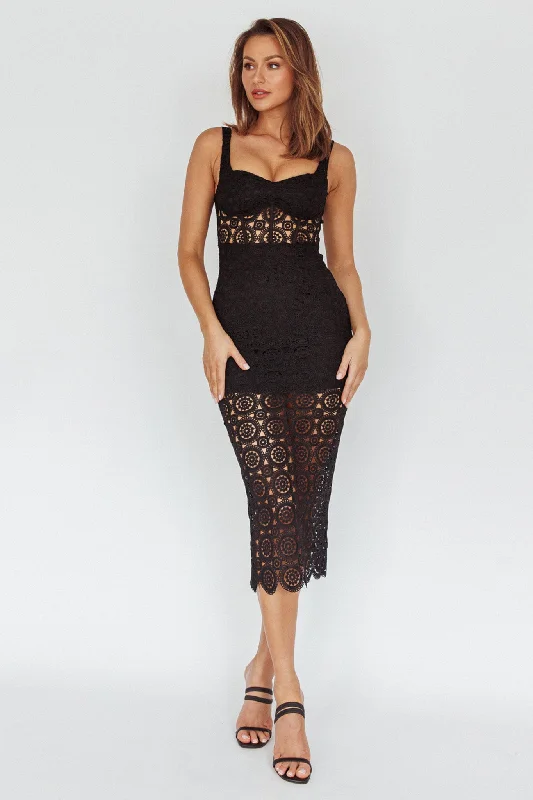 Milano Crochet Lace Midi Dress Black Confident Women's Power