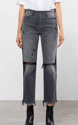 Charcoal & Black Two Tone Distressed Straight Fit Jeans Traditional Women's Wool