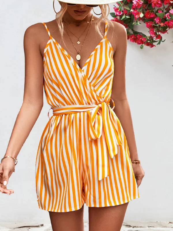 Striped Tie Waist Spaghetti Strap Romper Classic Women's Pin - striped