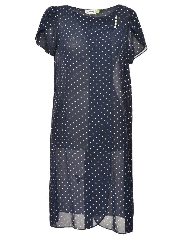 Navy & White Polka Dot Print Sheer Dress - L Elegant Women's 