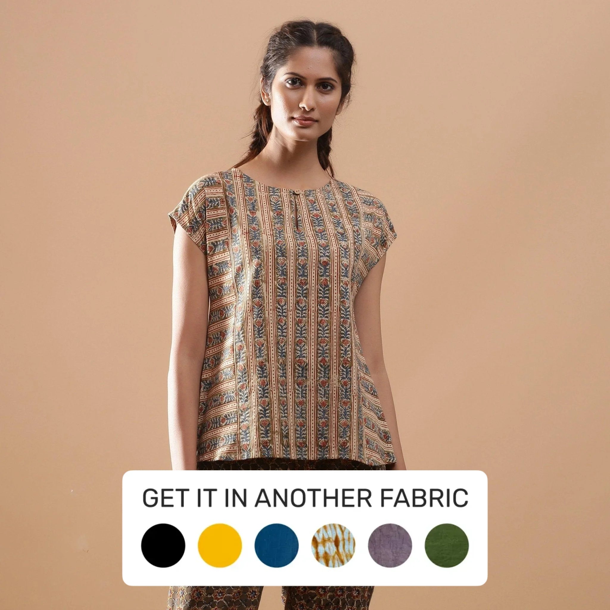 Beige Striped Kalamkari Block Print Cotton Top Elegant Women's Formal 