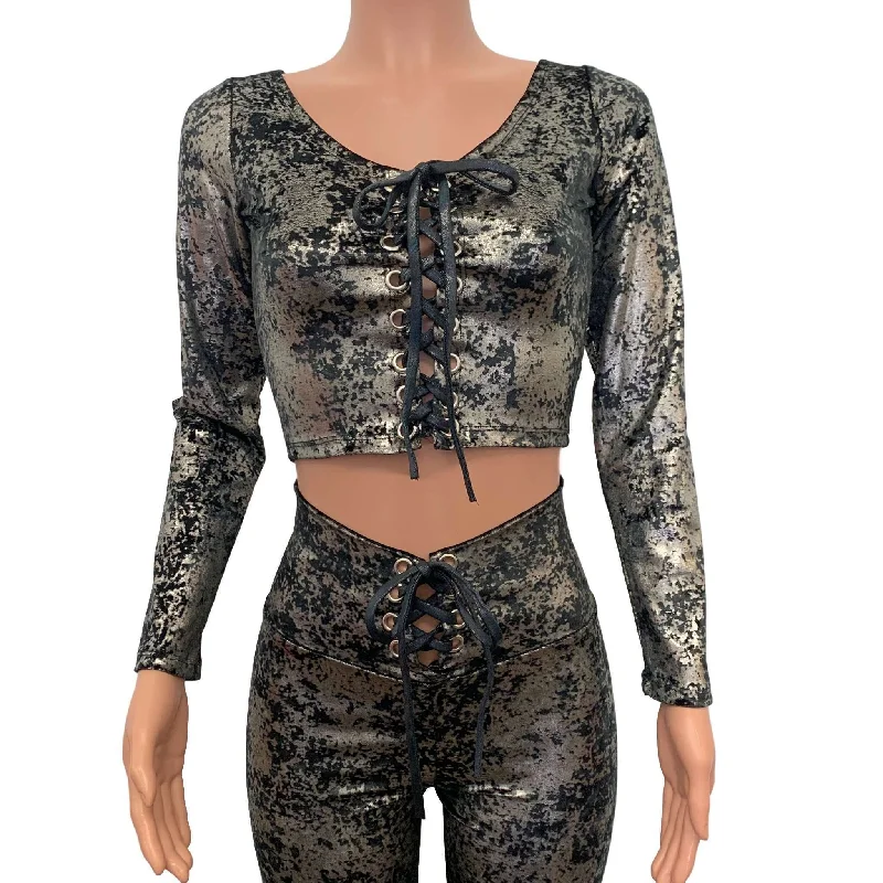 Long Sleeve Lace-Up Crop Top - Gunmetal on Black Gilded Velvet Vintage Women's 1970S Long Sleeve Lace-Up Crop Top - Gunmetal on Black Gilded Velvet Vintage Women's 1970S