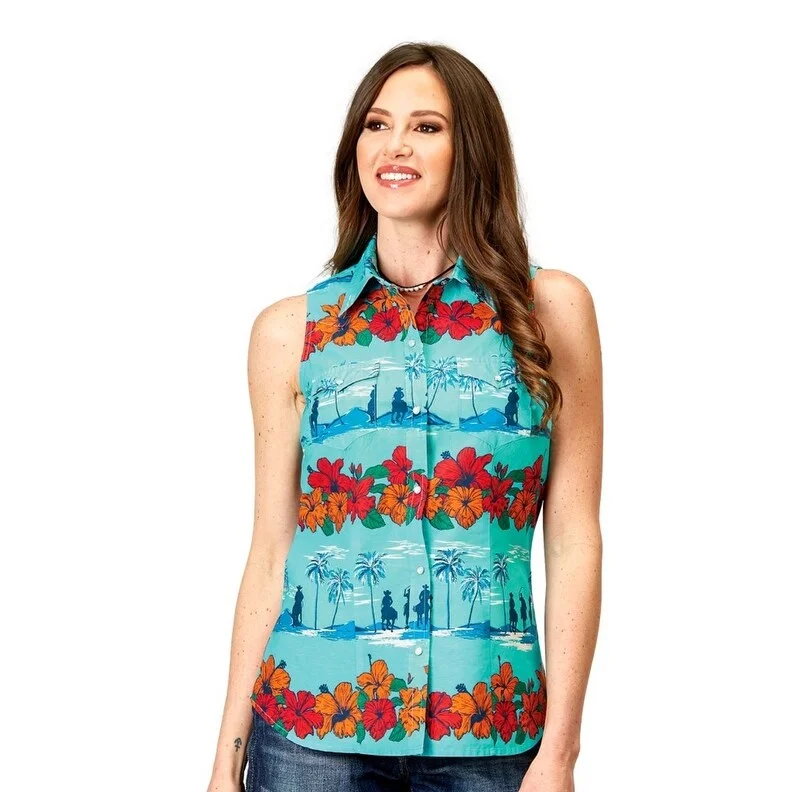 Roper Western Shirt Womens Sleeveless Snap Blue 03-052-0064-0318 BU Vacation