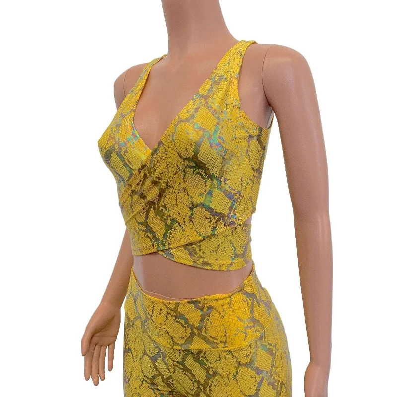 Crop Wrap Top - Yellow Snakeskin Holographic Minimalist Women's Casual