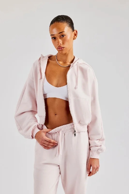Boxy Zip Through Panelled Hoodie - Pink Polished Women's Silk