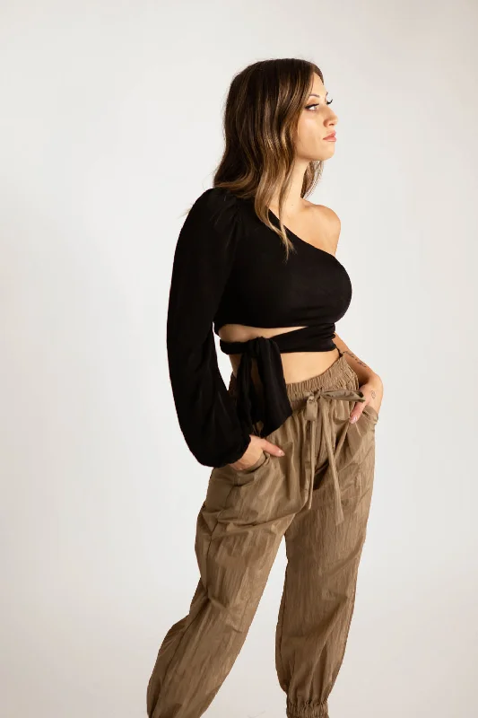 Tied Up One Sleeve Crop Top Polished Women's Silk