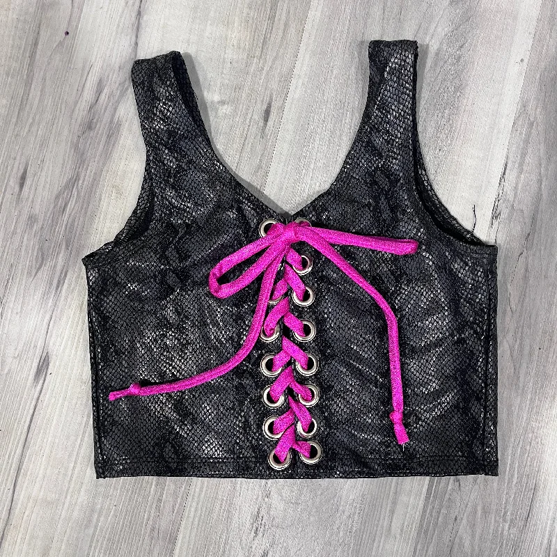 SALE - Lace-Up Crop Tank Top - Black Python Snakeskin Unique Women's Upcycled