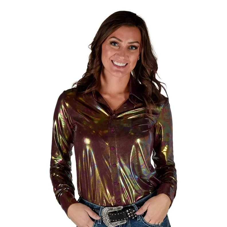 Cowgirl Tuff Western Shirt Womens L/S Metallic Foil Red 100887 Bohemian Women's Free Cowgirl Tuff Western Shirt Womens L/S Metallic Foil Red 100887 Bohemian Women's Free