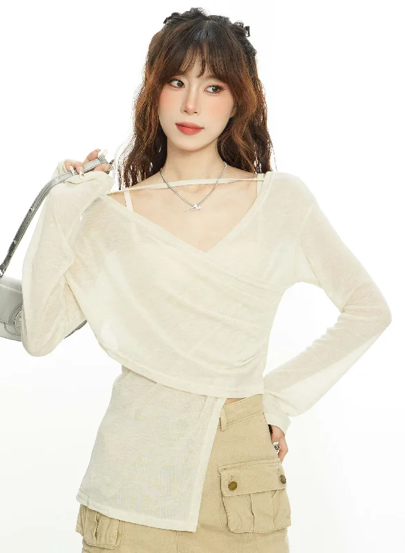 Overlap Translucent Asymmetric Top Preppy Women's College