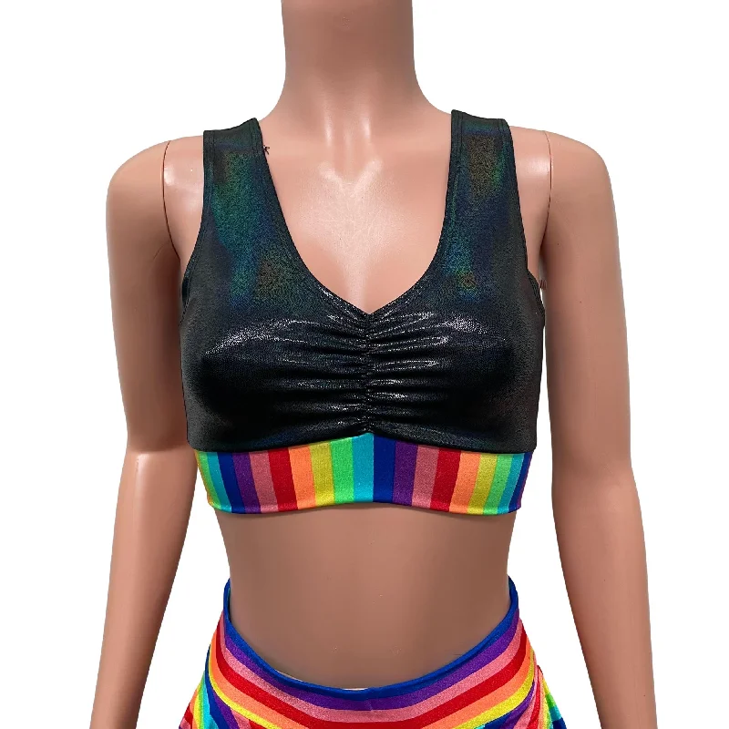 Rainbow Stripe/Black Holo Scrunch Top Bralette Pride Clothing purpose