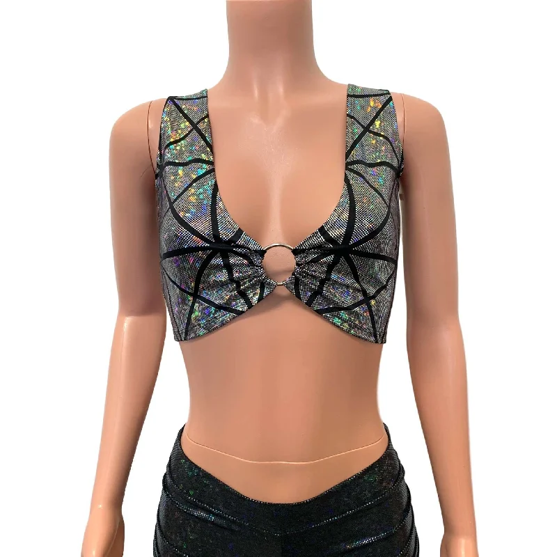 Silver Glass Pane Holographic Ring Crop Top Relaxed Women's Beachy
