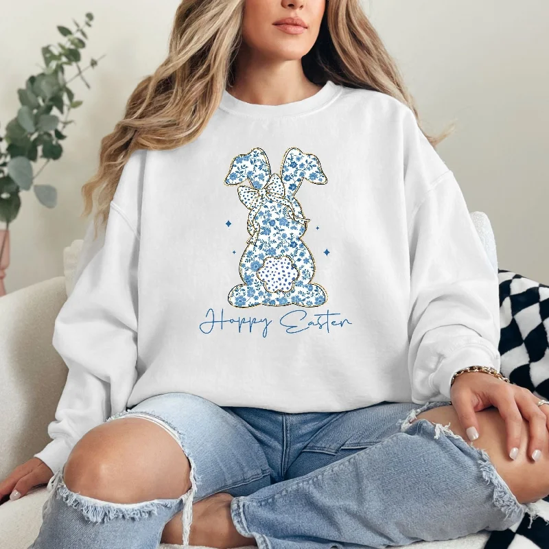 Blue Floral Bunny Graphic Sweatshirt Cool Women's Skate