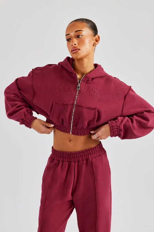 Cropped Exposed Seam  Zip Through Hoodie - Cherry Red Traditional Women's 