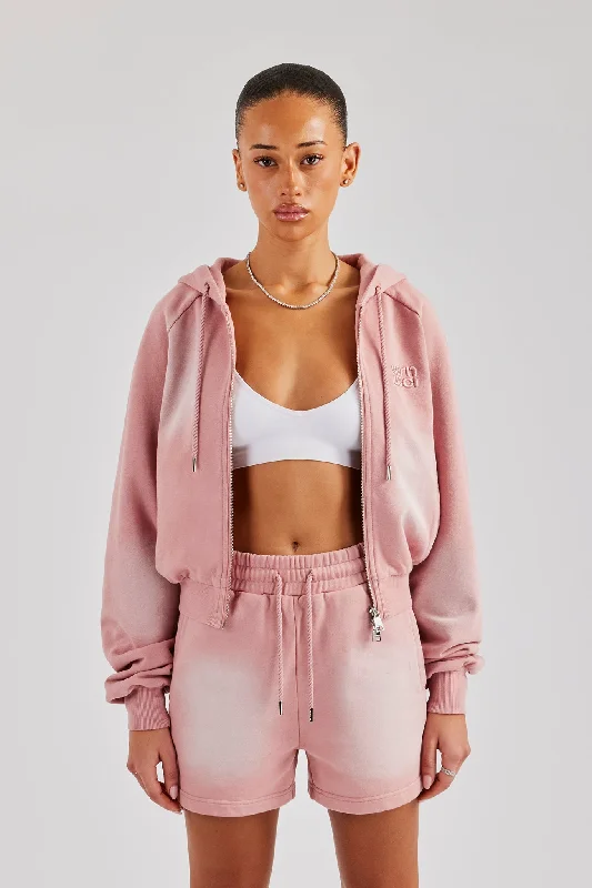 Washed Raglan Zip Through Hoodie - Pink Trendy Women's 