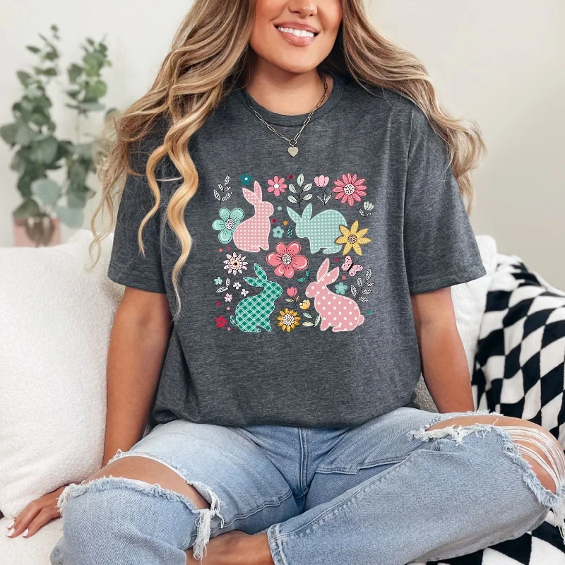 Bunnies and Flowers Graphic Tee Unique Women's Upcycled