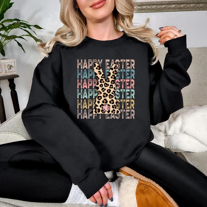Leopard Bunny Happy Easter Graphic Sweatshirt Refined Women's Classic 