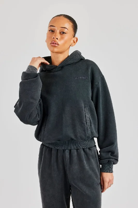 Womens Acid Wash Boxy Hoodie - Charcoal Refined Women's Velvet