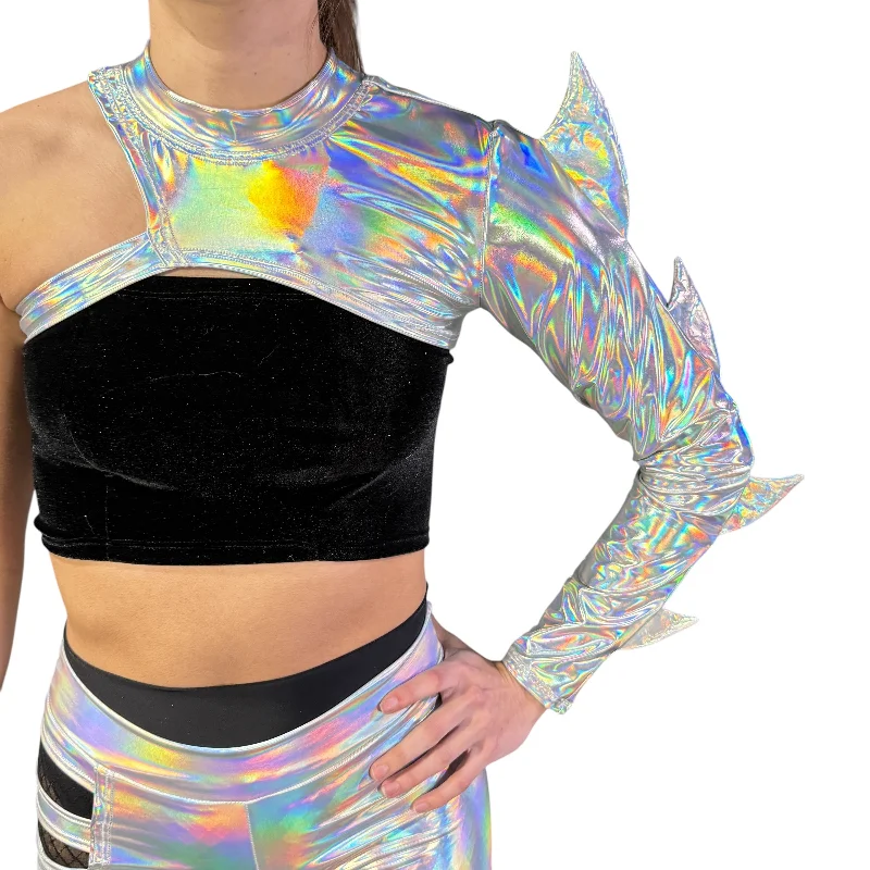Spiked Side Bolero Top in Opal Iridescent Holographic | Alien or Dragon Costume, Rave Outfit, Snake Reptile Festival Cosplay, Lost Lands Refined Women's Classic Spiked Side Bolero Top in Opal Iridescent Holographic | Alien or Dragon Costume, Rave Outfit, Snake Reptile Festival Cosplay, Lost Lands Refined Women's Classic