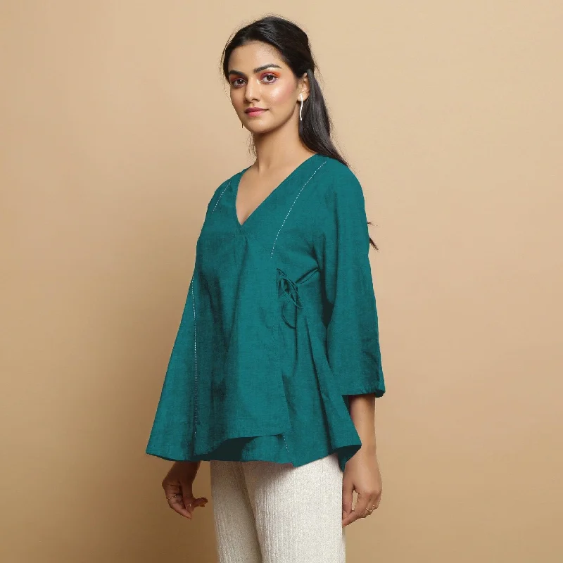 Pine Green Cotton Linen Asymmetrical V-Neck Godet Top Confident Women's High - fashion Pine Green Cotton Linen Asymmetrical V-Neck Godet Top Confident Women's High - fashion