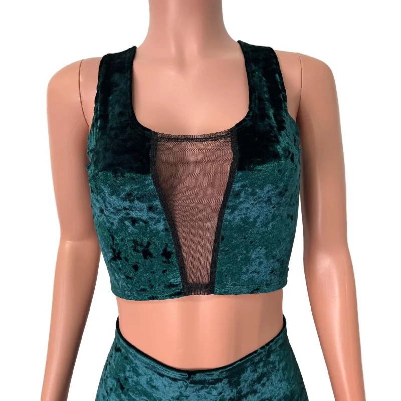 Mesh Inset Crop Tank Top - Hunter Green Crushed Velvet Gym