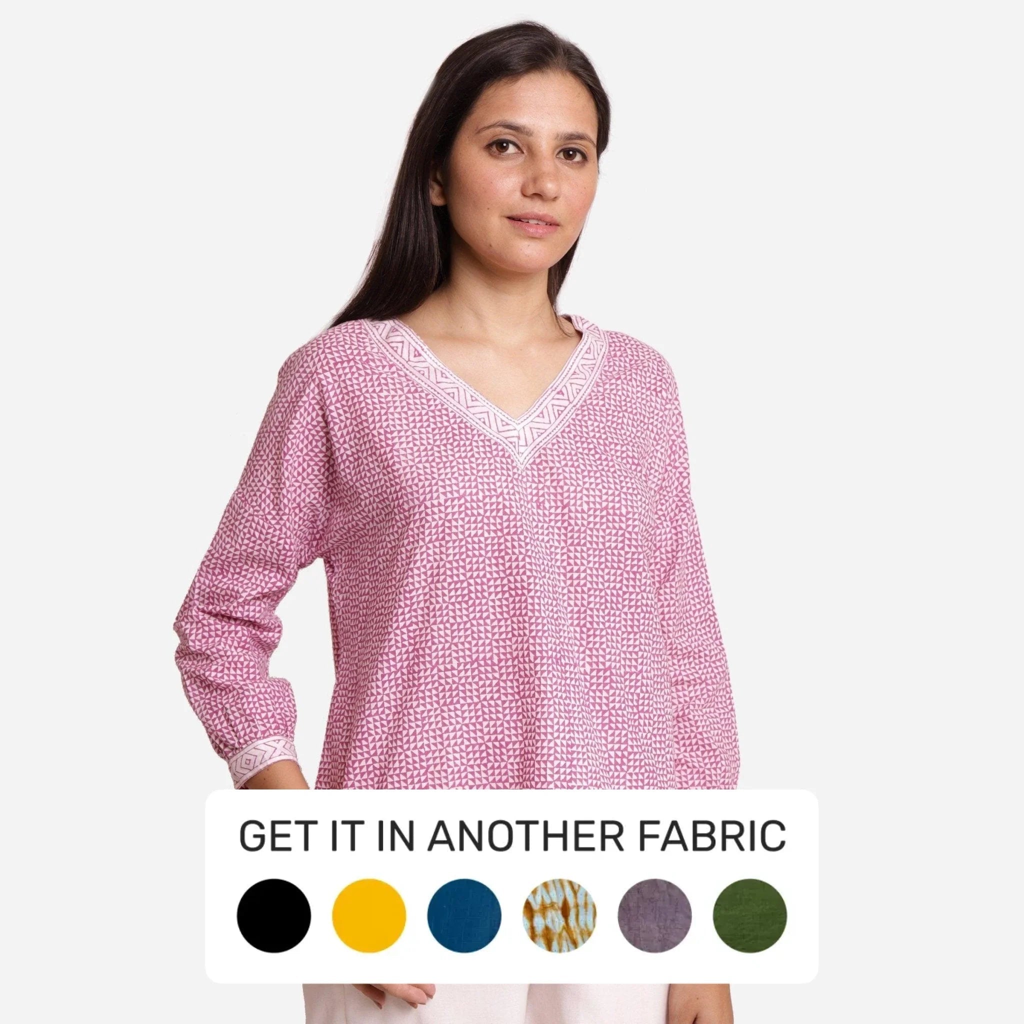 Purple Sanganeri Ditsy Block Print V-Neck Cotton Top Feminine Women's Soft 