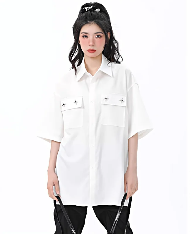 Oversized Button Shirt with Chest Pockets Edgy Women's Punk