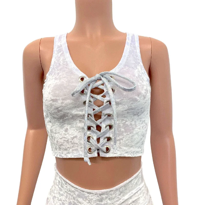 Lace-Up Crop Top - White Crushed Velvet & Silver Holo French