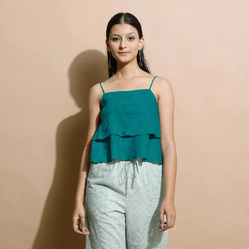 Pine Green Cotton Linen Camisole Crop Top Casual Women's Japanese 