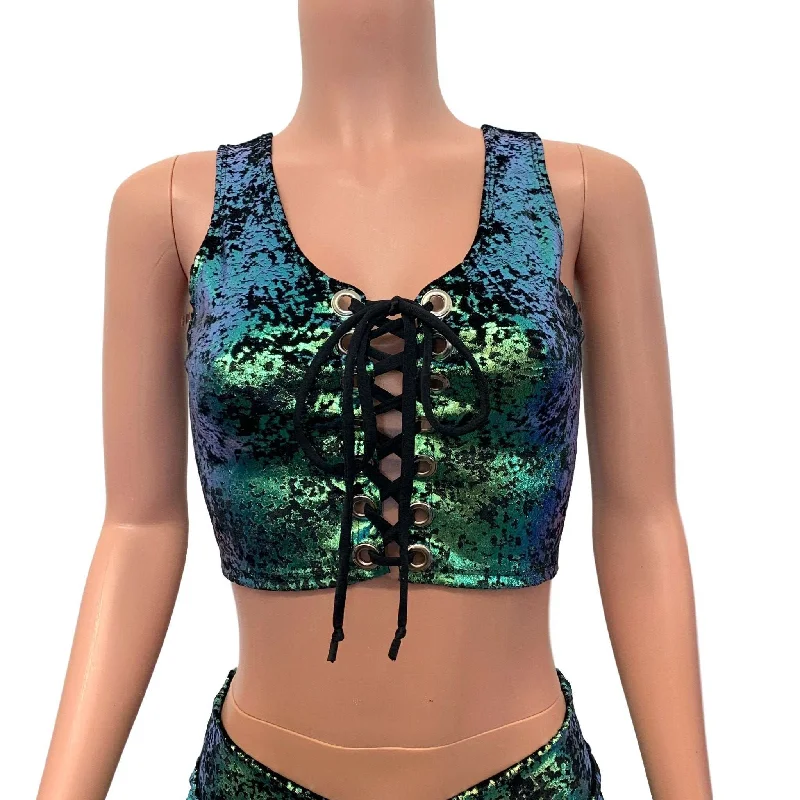 Lace-Up Crop Top - Green on Black Gilded Velvet purpose