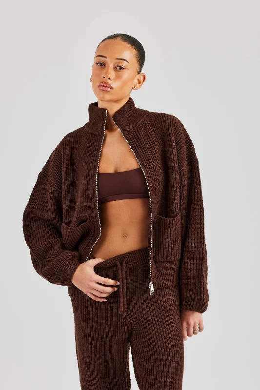 Ribbed Knitted Funnel Neck - Chocolate Sporty Women's Tennis