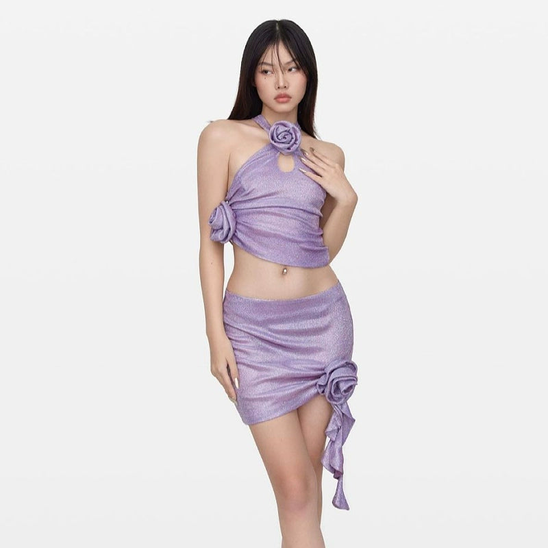 Glossy Floral Ruffle Wrap Halter Top and Mini Skirt Set Sharp Women's Italian