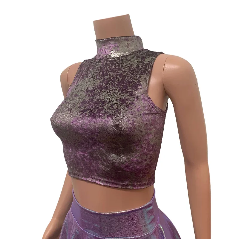 Mock Turtleneck Crop Tank Top - Plum/Gunmetal Gilded Velvet Stylish Women's Neon