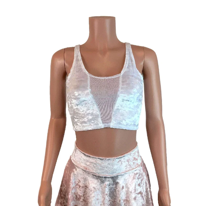 Mesh Inset Crop Tank Top - White Crushed Velvet Modern Women's 