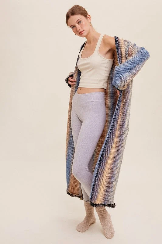 Multi Color Gradation Long Knit Open Cardigan Cozy Women's Winter