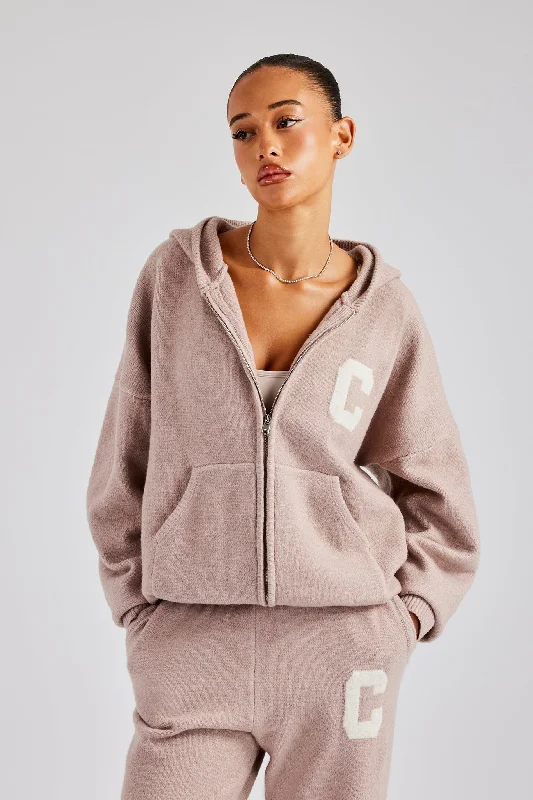 Hooded Zip Through Knitted Hoodie - Pink Women