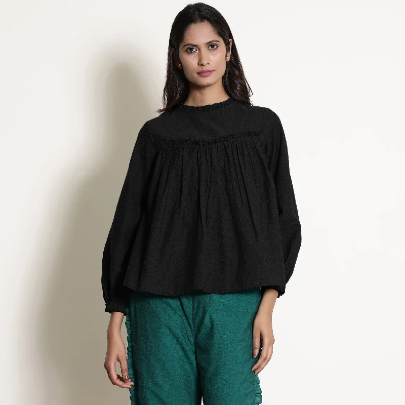 Black Warm Cotton Flannel Frilled Gathered Yoke Top European