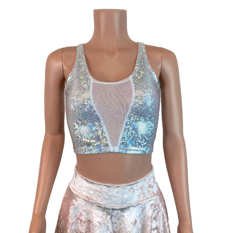 Mesh Inset Crop Tank Top - Silver on White Shattered Glass Refined Women's Velvet