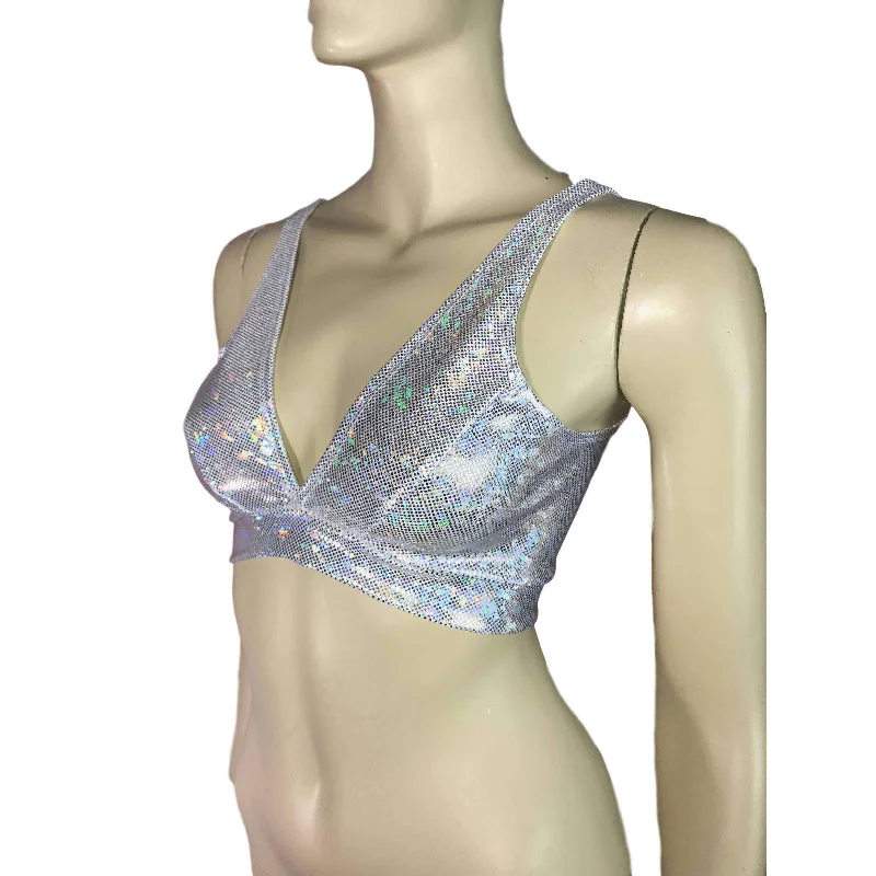 Silver Shattered Glass Holographic Bralette Youthful Women's Pop