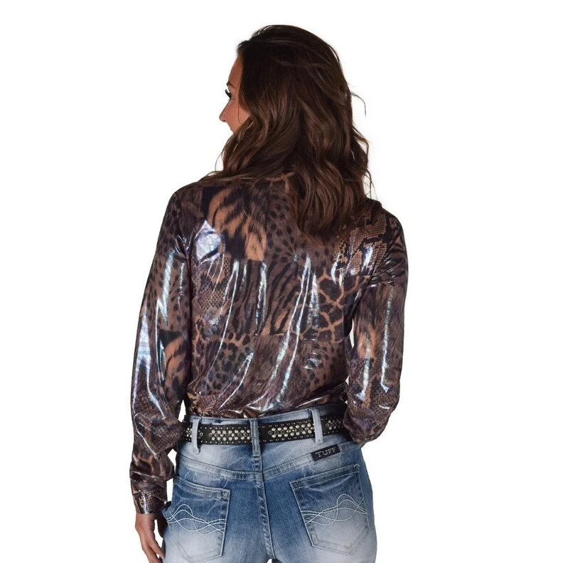 Cowgirl Tuff Western Shirt Womens L/S Animal Print Shiny Tan 100771 Cozy Women's Winter Cowgirl Tuff Western Shirt Womens L/S Animal Print Shiny Tan 100771 Cozy Women's Winter
