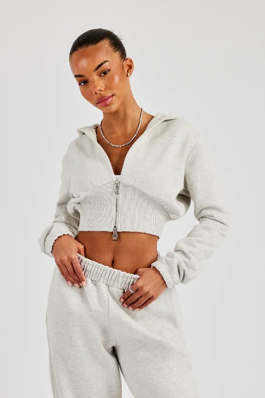 Rib Contrast Fitted Zip Hoodie - Ash Grey Country