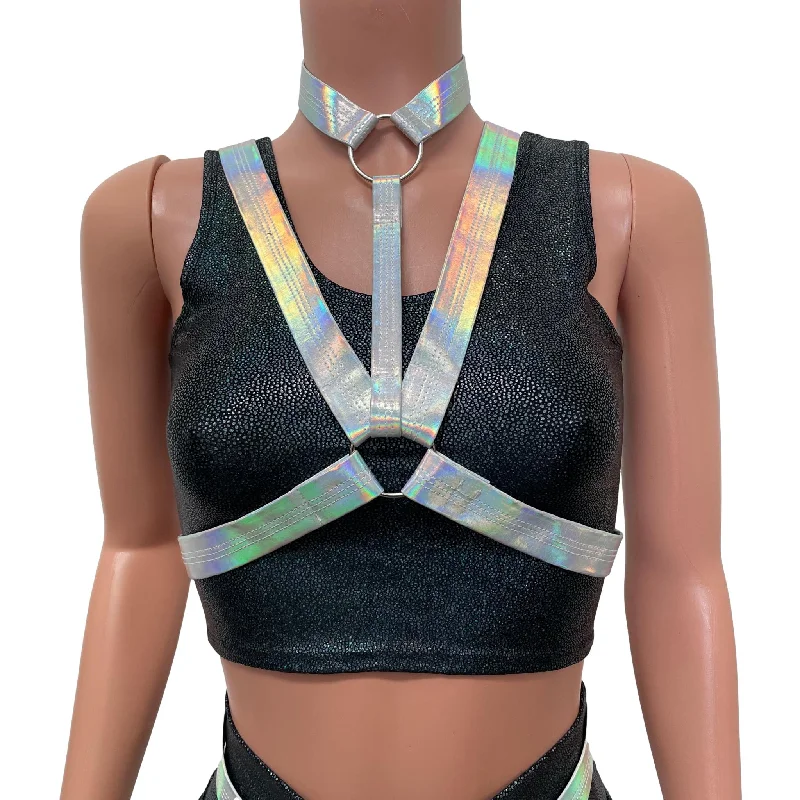 Cage Bra Harness Top in Opal Holographic | Rave Body Chest Harness w/ Choker Trendy Women's Oversized
