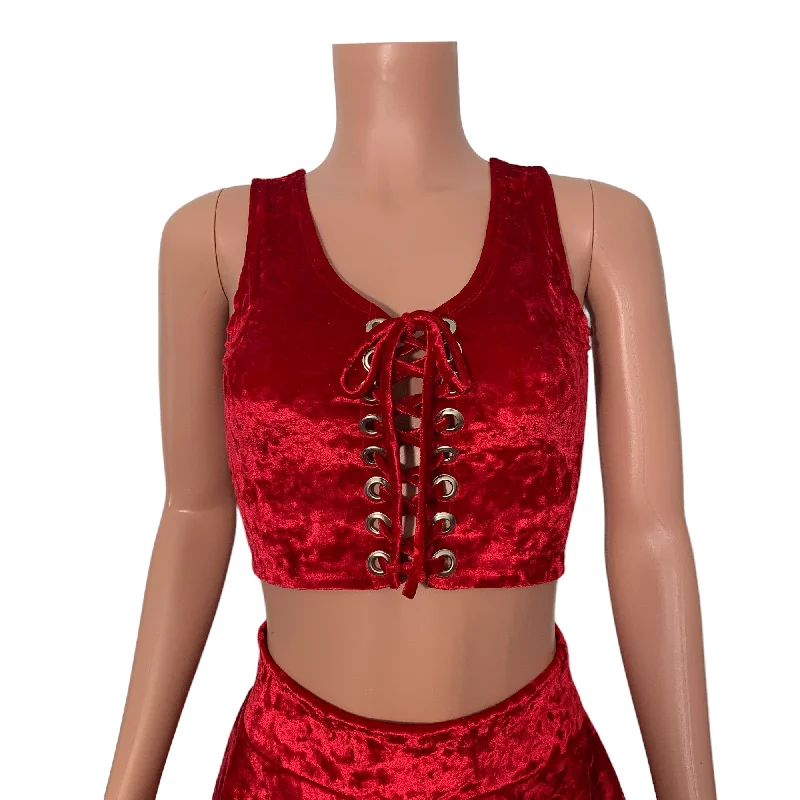 Lace-Up Crop Top - Red Crushed Velvet Vintage Women's 1970S 