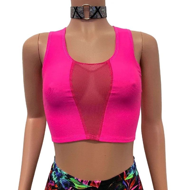 Mesh Inset Crop Tank Top - Neon Pink Spandex Geometric