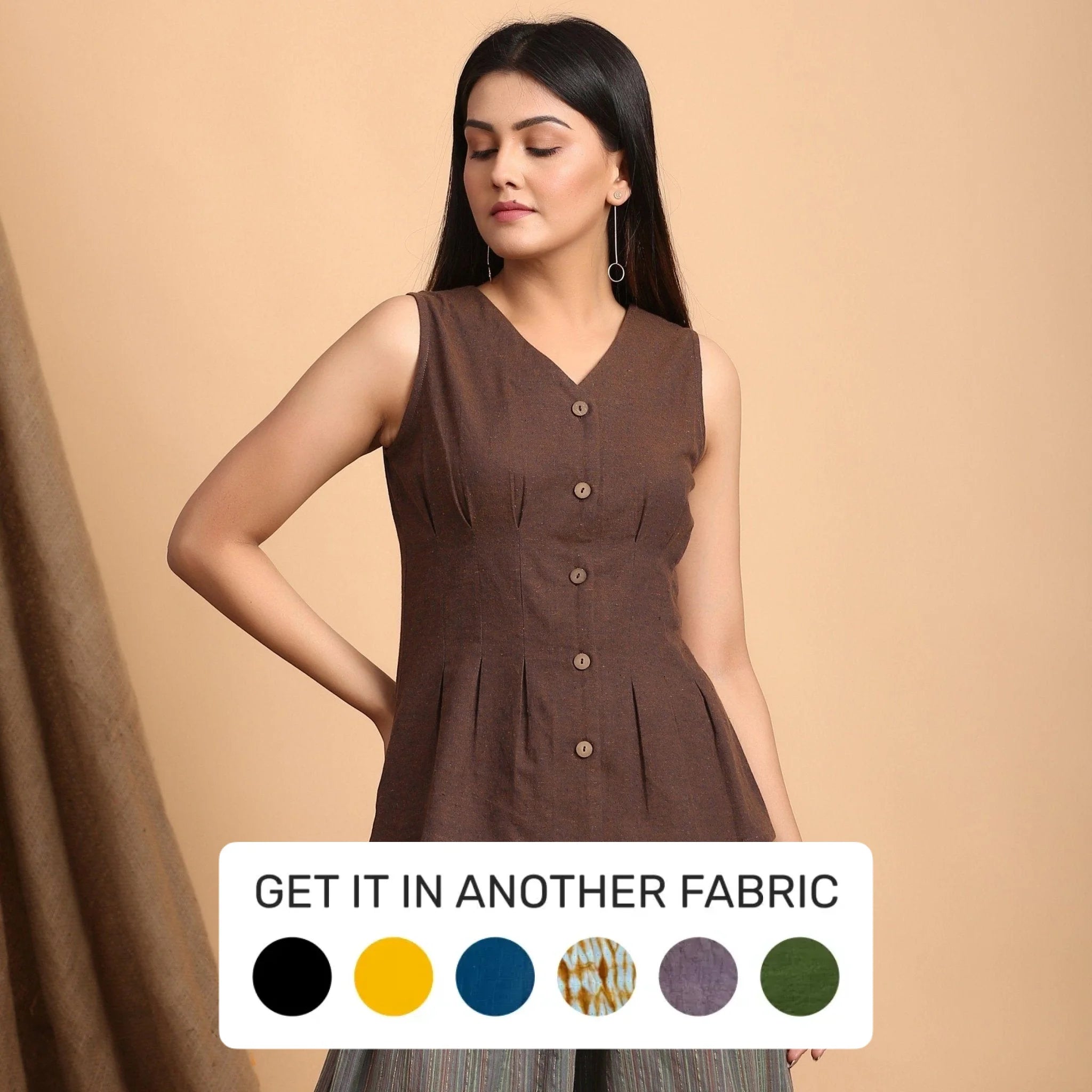 Brown Yarn Dyed Cotton Sleeveless Pleated Top French