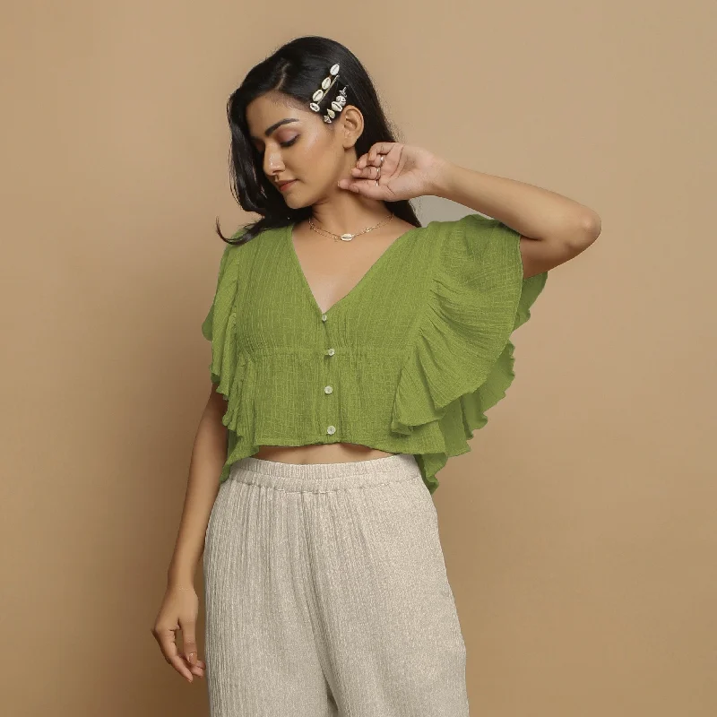 Leaf Green Crinkled Cotton Butterfly Sleeves Crop Top Tough Women's Military - inspired