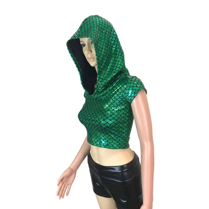 Cap Sleeve Cropped Hoodie Top - Green Mermaid Scale Sleek Women's Metallic