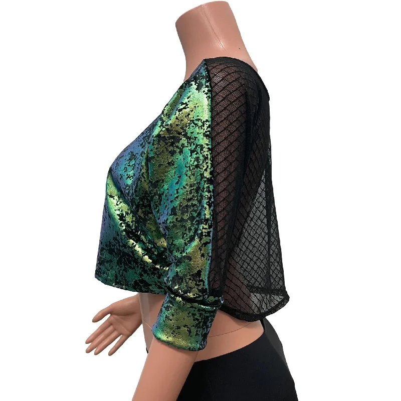 Dolman Crop Top Loose Tee in Green Gilded Velvet and Vixen Mesh Laid - back Women's Style Dolman Crop Top Loose Tee in Green Gilded Velvet and Vixen Mesh Laid - back Women's Style