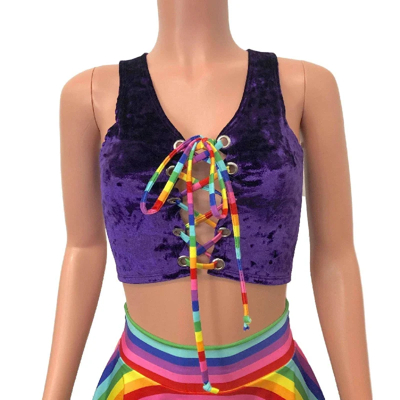 Lace-Up Crop Top - Purple Crushed Velvet & Rainbow Trendy Women's 